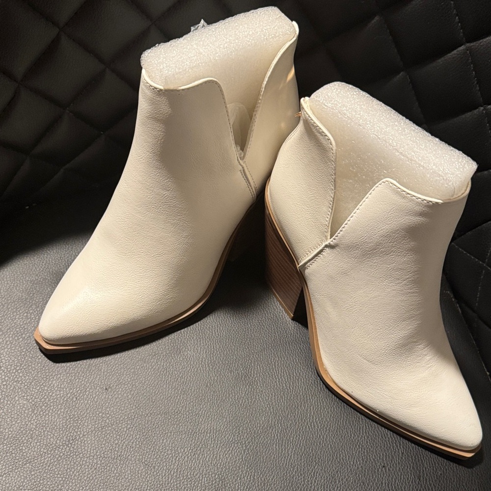 BAMBOO Cream Pointed Toe Ankle Booties with Stacked Heel